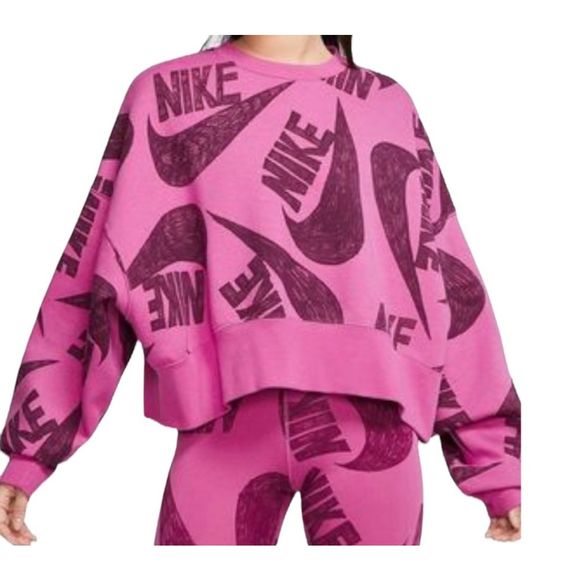 Mint Women's Size 1X Nike Icon Clash Fleece Crop Crew Pullover DB5994-665 Pink - Picture 7 of 8